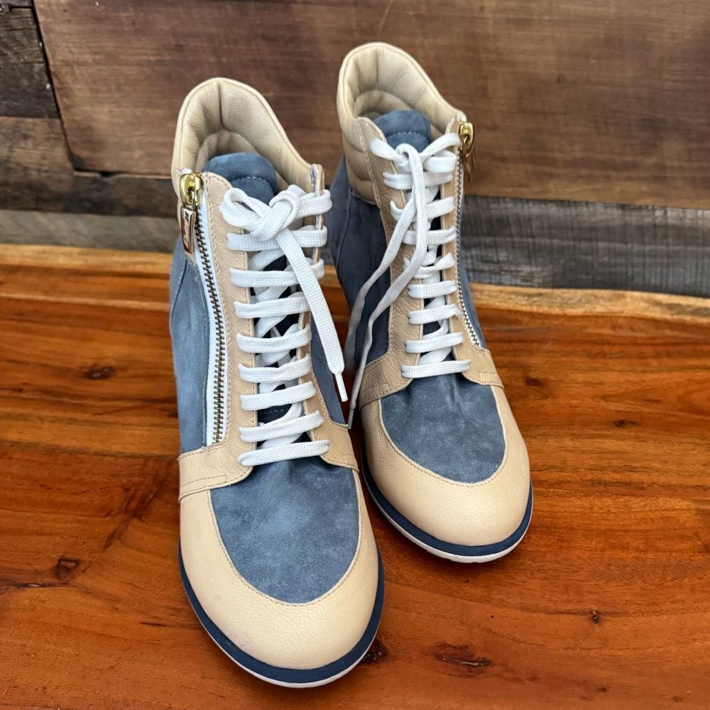 Mario Raspini blue and cream colored wedge sneakers. Size 39 (8.5-9)